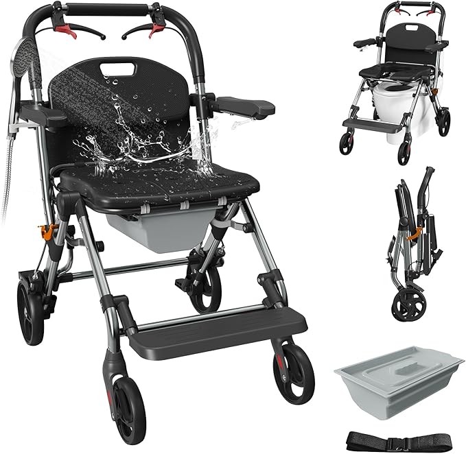 Portable Bedside Commode Chair 3-in-1, Foldable Toilet Chair with Raised Seat & Shower Chair, for Use with Wheelchairs for Adults, Heavy Duty Commode for Elderly, Disabled, Supports 330 lbs (BLACK)