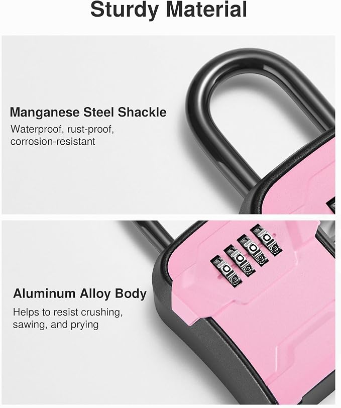 Puroma Lock Box, Key Lock Box Wall Mount & Portable Combination Lockbox with Resettable Code, Security Lockbox for Outside House Keys, Apartment Realtors Spare Keys Storage (1 Pack, Pink)