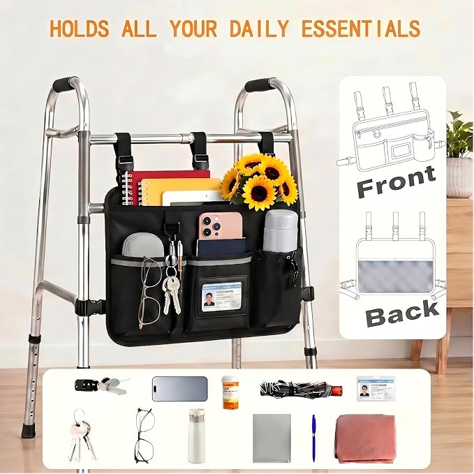 Walker Accessories Bag, Cup Holder & Waterproof Storage for Seniors | Foldable