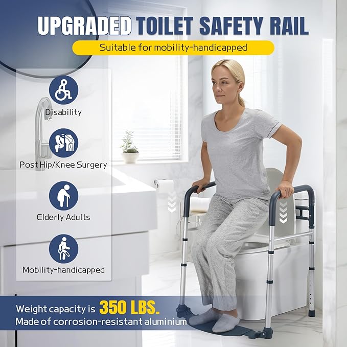 Toilet Safety Rails with Footrest, Folding & Portable Bathroom Toilet Handles for Elderly, Seniors, Handicap & Disabled, Adjustable Toilet Safety Frame Fit Any Toilets (350 LB)