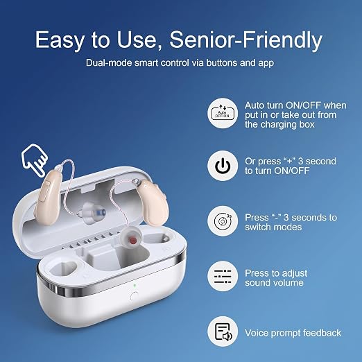 OTC Hearing Aids for Seniors & Adults, Rechargeable Hearing Aid with AI Voice Enhancement, Noise Reduction & Feedback Control, Easy to Use for Clear Conversations, TV & Outdoor Listening