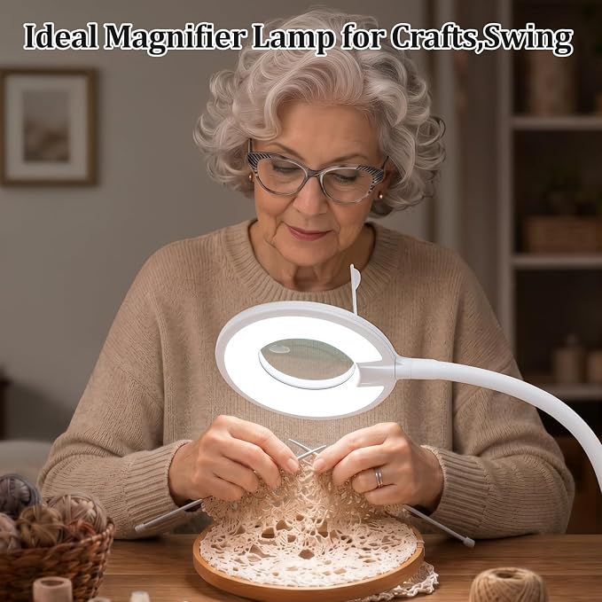 3X+6X Magnifying Glass with Light and Stand,Dimmable LED Magnifying Lamp | Clip on, Flexible Gooseneck, Hands Free Magnifier, Magnification Lamp for Elderly Craft Hobby Painting Sewing Close Work