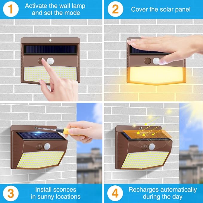 12 Pack Solar Motion Sensor Lights Outdoor Waterproof with 3 Modes | Warm White, Brown Frame, LED, Solar Powered, Security Lighting for Outside Wall Garden Fence Yard Deck Patio Garage
