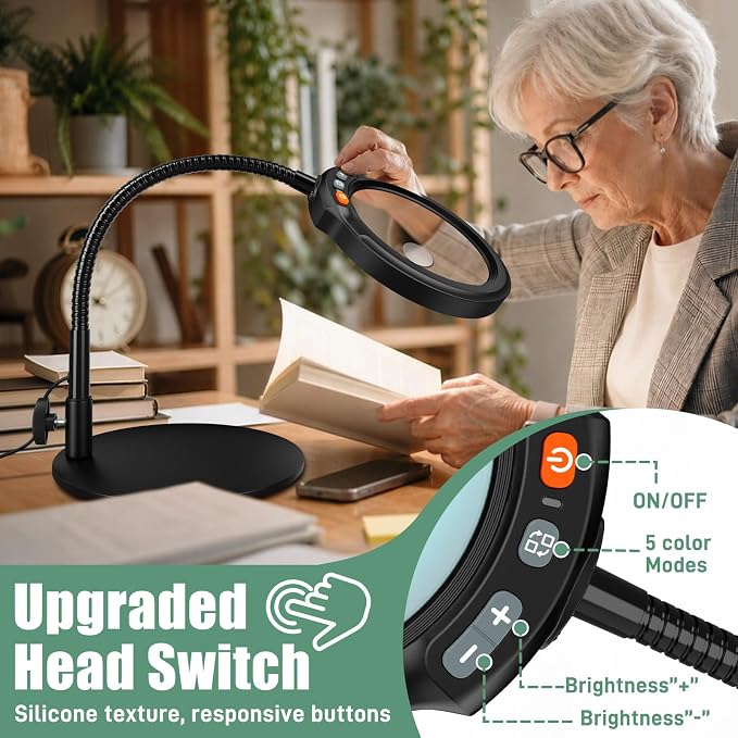 30X 10X Large Magnifying Glass with Light and Stand, 5-Inch Optical Grade HD Lens, 5 Color Modes Stepless Dimmable LED Desk Lamp, Hands Free Gooseneck Lighted Magnifier for Craft Painting Close Work