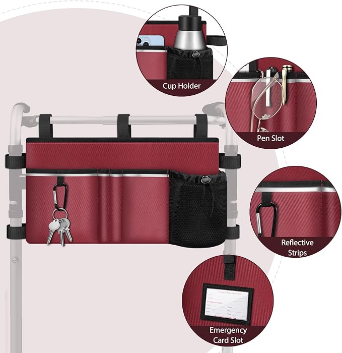 FINPAC Large Walker Tote Bag w/Cup Holder, Folding Walker Attachment Pouch | Water-resistant Polyester, Organized Pockets, Reflective Strip, Mobility Aid Storage Basket for Seniors, Burgundy