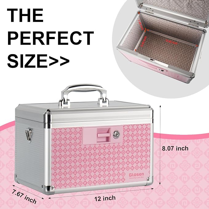 Medicine Lock Box Storage Lock Box 12 X 7.68 X 7.87 Inch 【Pink-Medium】 Lockable Dorm Storage Trunk with Key Lock - Briefcase, Lock Boxes for Personal Items