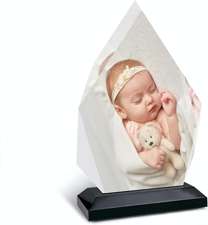 HB Art Design Personalized Crystal Glass Print with Wood Stand Upload Your Photo Custom Acrylic Diamond Shape Custom Photo Print Personalized Gift for Christmas Small- 5 1/4 x 6 3/4 inches