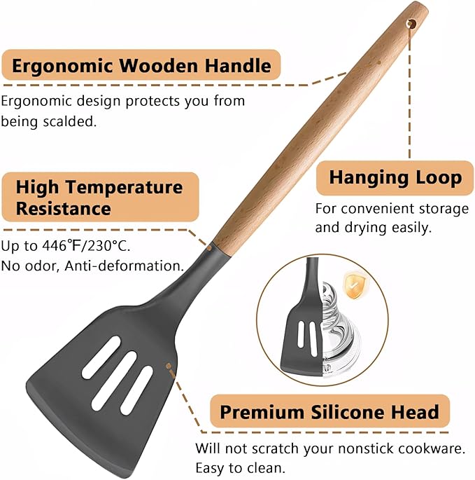 Silicone Cooking Utensils Set 5-Piece Non-Stick Kitchen Utensil Set, Wood Handle Heat Resistant Spatula Spoon Turner Soup Ladle Silicone Cooking Kitchen Gadgets BPA Free for Nonstick Cookware