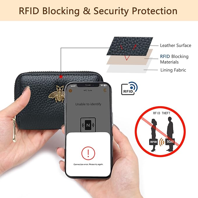 imeetu RFID Credit Card Holder, Small Card Wallet Women, Leather Card Case | Genuine Leather Women's Card & id Cases, Change Coin Purse with Zipper Keychain id Window, 20 Colors & 3 Styles, Daily, Gifts