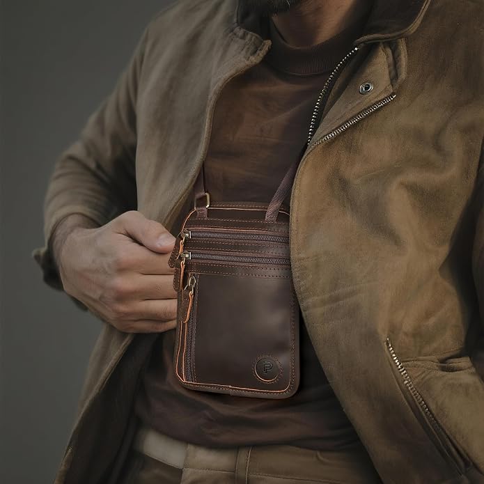 Polare Full Grain Leather Neck Wallet RFID Blocking Conceal Passport Holder Travel Pouch with AirTag Slot for Men