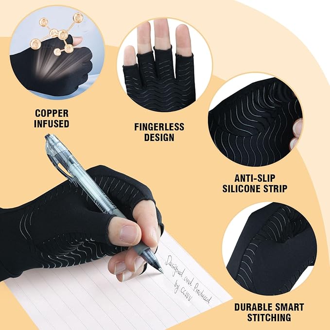 2 Pairs Copper Arthritis Gloves for Carpal Tunnel Pain Relief, Compression Gloves to Alleviate Hand Pain,Swelling,Fingerless Typing Gloves for Rheumatoid,Tendonitis for Women&Men (Medium)