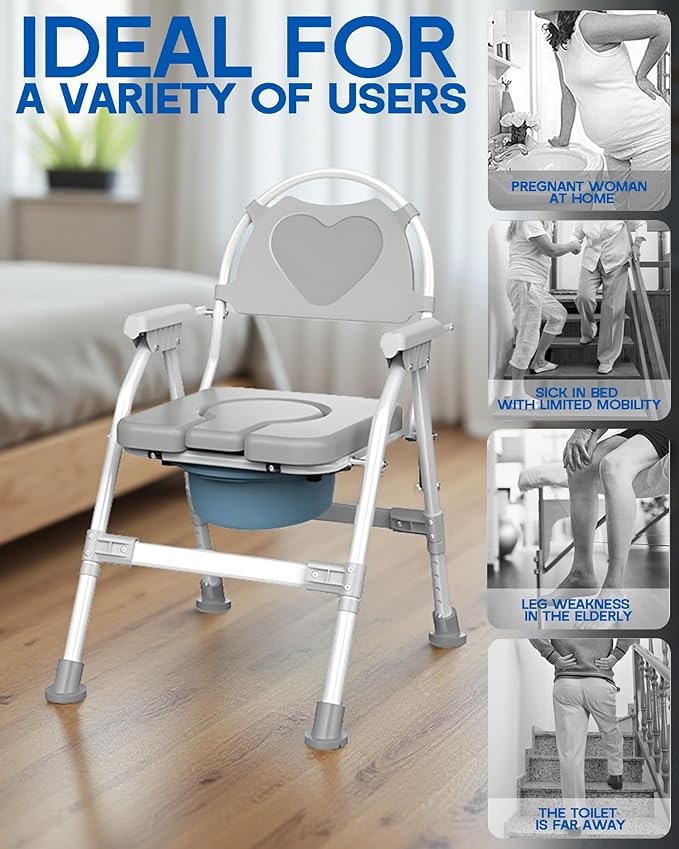 Heavy Duty 4-in-1 Portable Bedside Commode Chair for Elderly & Disabled, Extra-Wide & Adjustable Height, Folding Over-Toilet Chair with Armrests & Back Support, Holds Up to 350 lbs, Easy to Clean