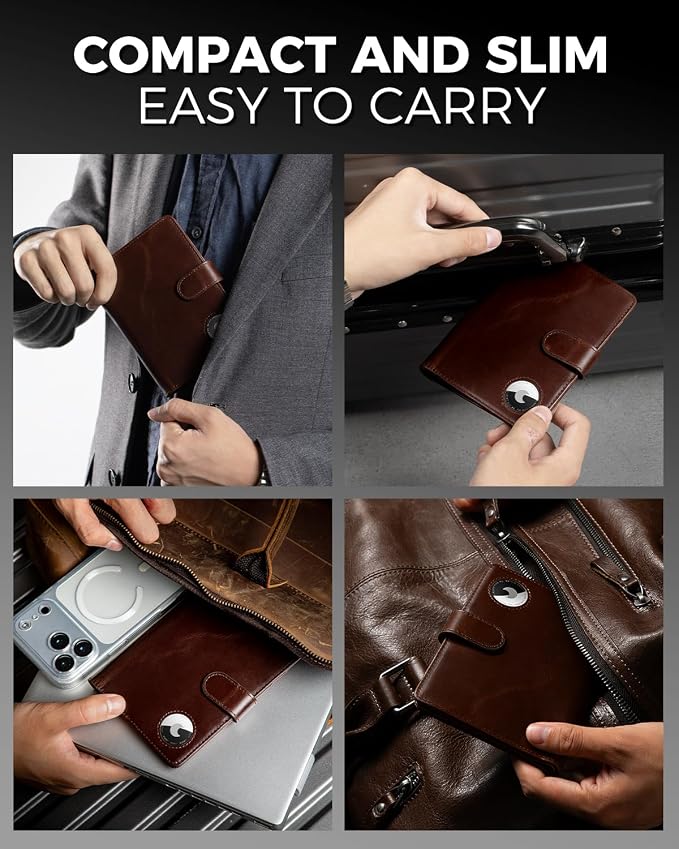 Passport Holder for Travel: Full Grain Leather Passport Cover with Airtag Holder Magnetic Buckle for Men - RFID Blocking Bifold Wallet for Air Ticket Card Cash Coin (Brown)