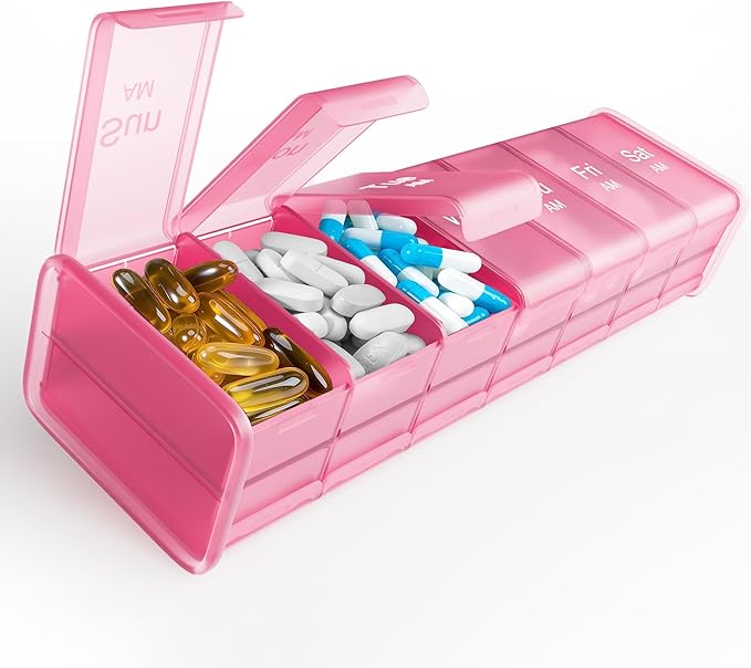 Extra Large Pill Organizer - XXL Vitamin Holder for Weekly Supplements - Double Sided Pill Box 7 Day with Big AM PM Compartments Huge Daily Medicine Dispenser 2 Times a Day Reliable and Easy-to-Use