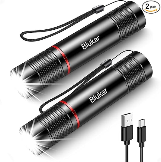 Blukar Rechargeable Flashlight 2 Pack, High Lumens Flashlight, Super Bright Small LED Flash Light- Zoomable, Adjustable Brightness, Long Lasting for Camping, Outdoors and Home Emergency