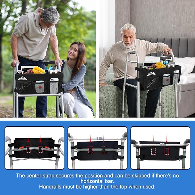 supregear Walker Basket, Foldable Walker Bag with Cup Holder, Storage Pouch with Large Capacity and Never Tipping Over, Hand-Free for Seniors Elderly, Not Fit for Rollator, Black
