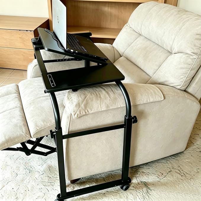 Overbed Bedside Table with Wheels Portable Rolling Laptop Desk Cart Computer Table Over The Bed Table Adjustable Height and Length with Tilt Stand Board for Bed Hospital Home and Office (Black-M)