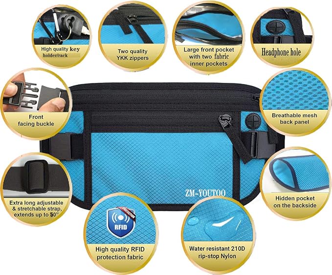 ZM-YOUTOO Money Belt for Travel - Hidden Travel Pouch Protect Your Credit and Money With RFID Blocking Passport Holder Waist Wallet (Blue)