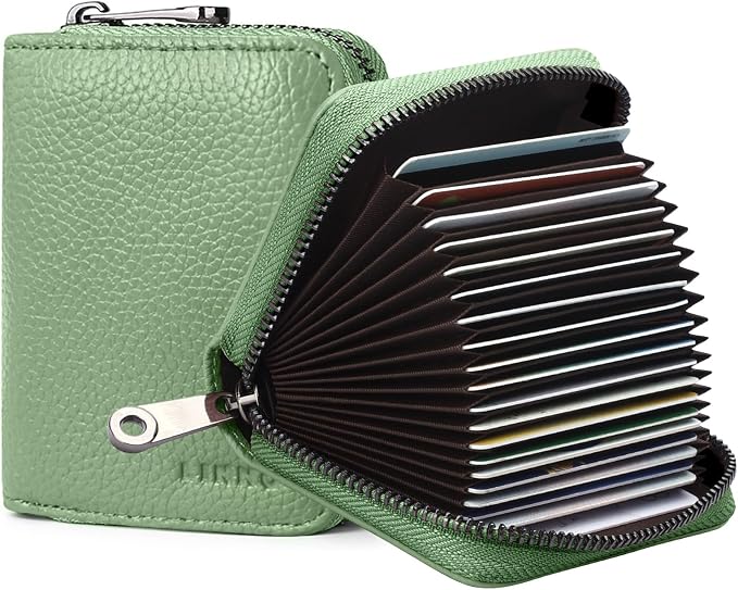 Linno RFID 20 Slots Credit Card Holder Genuine Leather Small Wallet for Women or Men with Zipper