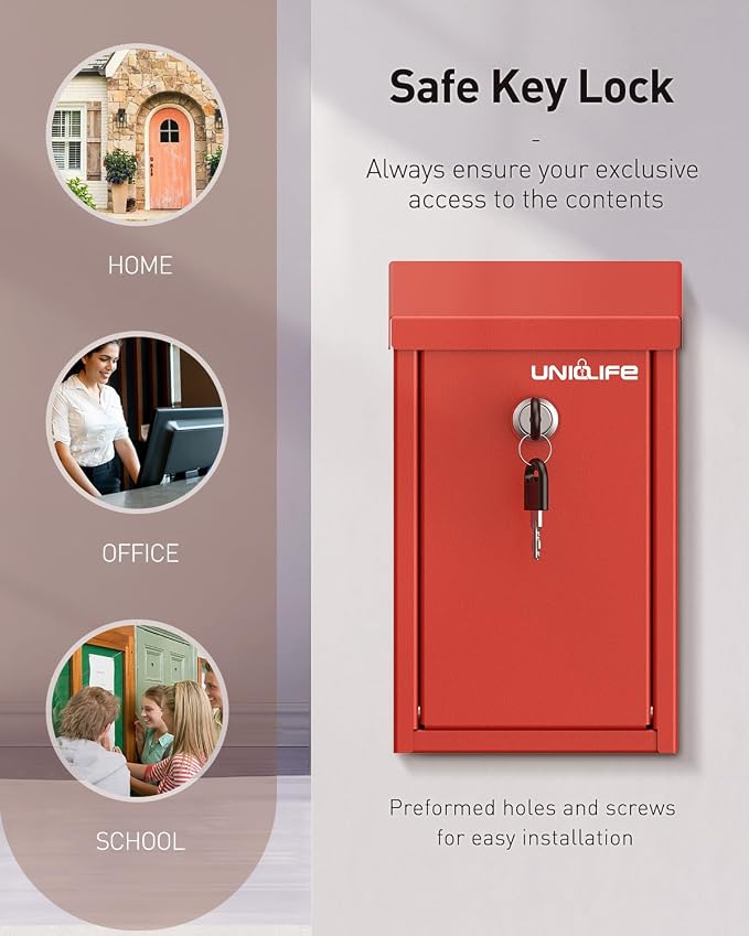 Uniclife Red Metal Donation Box, Wall Mounted Mailbox for Outside | Safe Suggestion Box with Key Lock, Steel Key Drop Box for Outside, Cash Box for Home Office and Business
