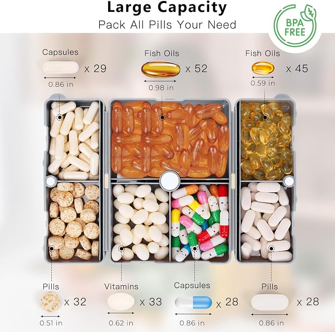 FYY Daily Pill Organizer,7 Compartments Portable Pill Case Travel Pill Organizer,[Folding Design] Pill Box for Purse Pocket to Hold Vitamins,Cod Liver Oil,Supplements and Medication-Grey