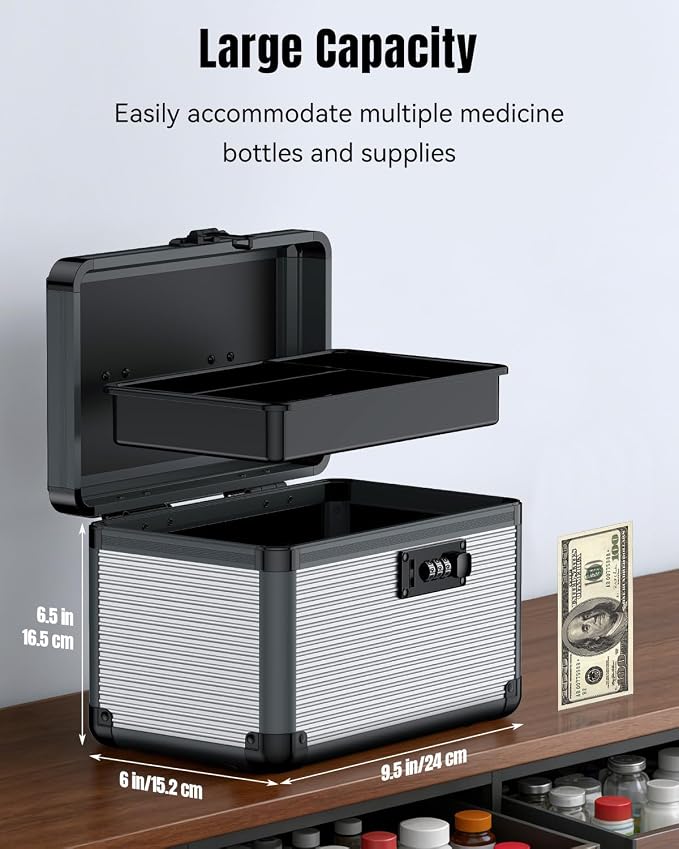 Uniclife Medicine Lock Box,9.5x6x6.5 in, Medication Lock Box with Code | Security combination lock, robust aluminum construction, portable rust-proof handle, removable ABS tray