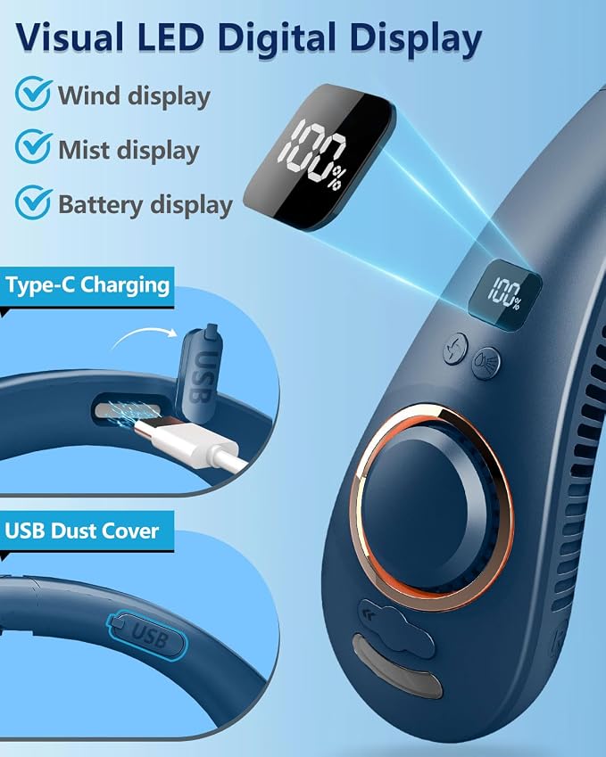 Personal Neck Fans Mister with Water Spray, 4000mAh 4-9H Lasting, Mini Foldable Leafless AC for Neck Face Shoulder, LED Cordless Hanging Wearable Headphone Fan for Kid Adult Worker Hot Weather, Blue