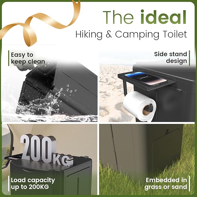 Portable Camping Toilet Kit for Adults (MAX 440lbs), Upgrade Travel Potty Seat with Lid Removable Paper Holder and Absorbent Gel, for Camping, Hiking, Truck, RV Toilet, Beach