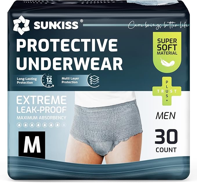SUNKISS Incontinence Underwear for Men,Daytime Disposable Adult Pull Ups,Mens Protective Briefs with Maximum Absorbency, Medium, Grey, 30 Count