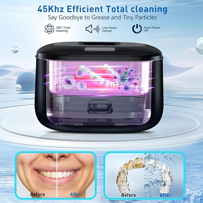 Ultrasonic Retainer Cleaner, Upgraded Wireless Professional Sonic Dental Cleaning Machine, Dental Cleaning Pod Night Guard Cleaner for Dentures, Retainers,Aligner, Mouth Guards, Jewelry, Black