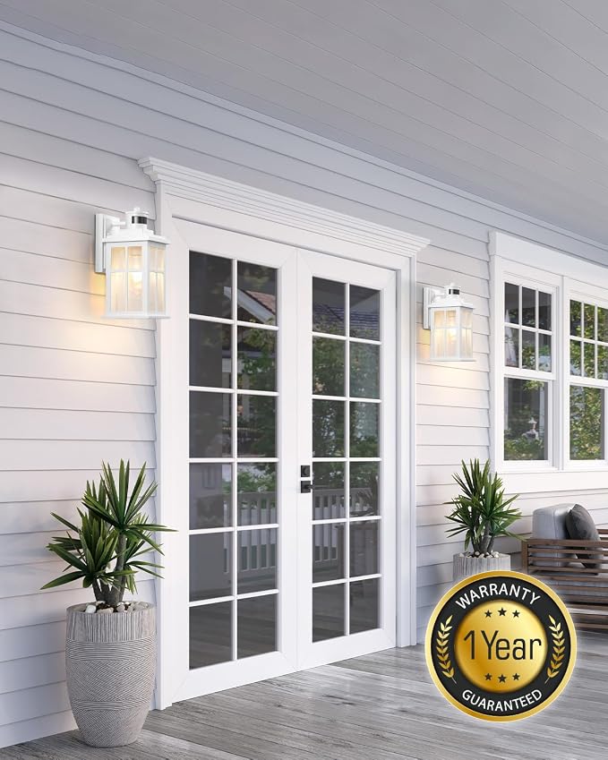 VIANIS White Motion Sensor Outdoor Wall Lights, Front Porch Lights Outdoor | Anti-Rust Waterproof Exterior Lighting Fixtures Wall Mount, Dusk to Dawn Outside Garage Lights, Outdoor Wall Sconce Lantern