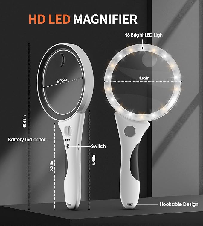 Rechargeable Magnifying Glass with Light - Recant Illuminated Magnifier Handheld Lighted Magnifying Glasses with 18LED Cold & Warm Light 3 Modes for Seniors Reading Close Work