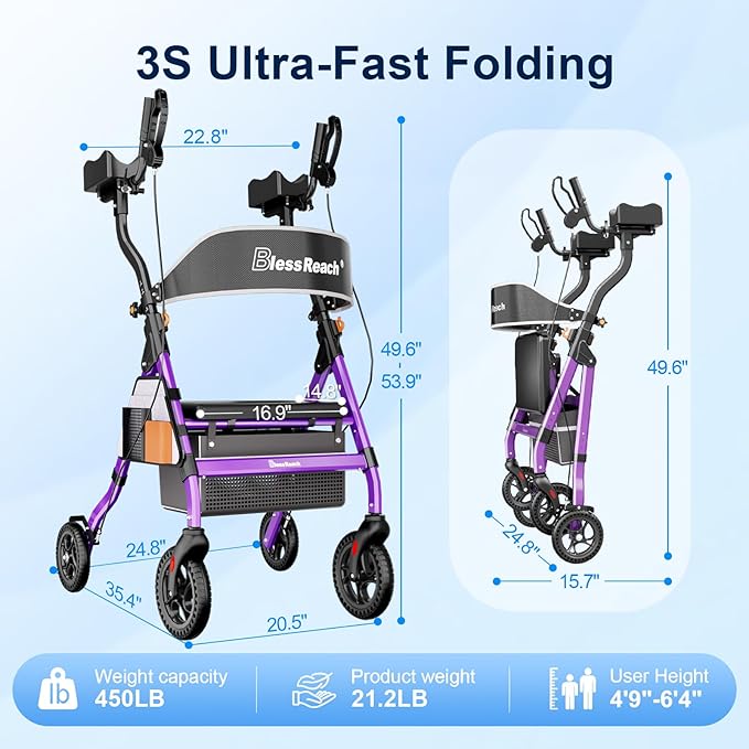 Heavy Duty Upright Rollator Walker for Seniors, 450lb Capacity, 6 Height Adjustments, 8" All-Terrain Wheels, Padded Seat & Backrest, Easy Assembly, Foldable Design (Purple)