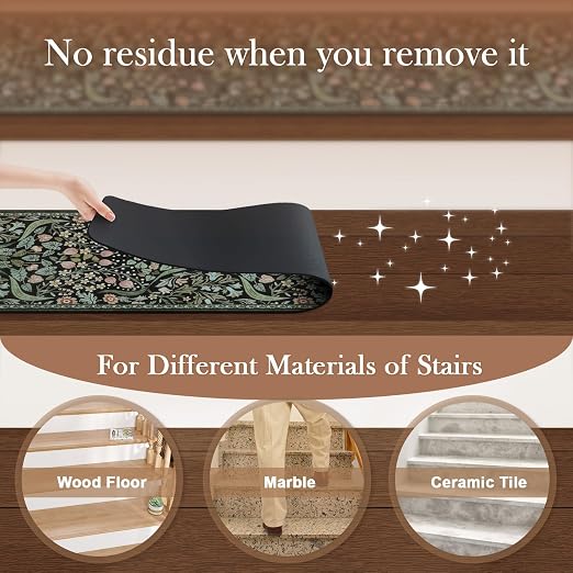 OJIA 15PC Stair Treads Non-Slip Stair Runner for Wooden Steps Indoor 30"x8" | Floral Carpet Stair Treads Stair Mats Staircase Step Treads for Kids, Elders and Dogs, Stair Covers, Black
