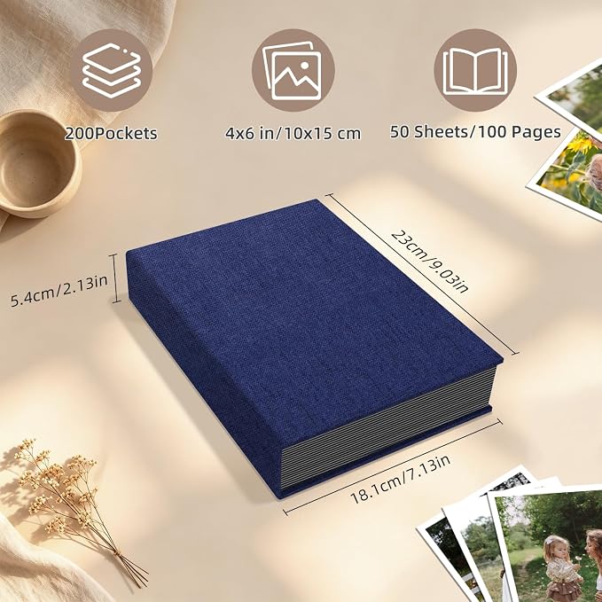 Popotop Photo Album 4x6 200 Pockets for Wedding Gifts,Linen Hardcover Picture Albums for Family Anniversary Baby Vacation Pictures