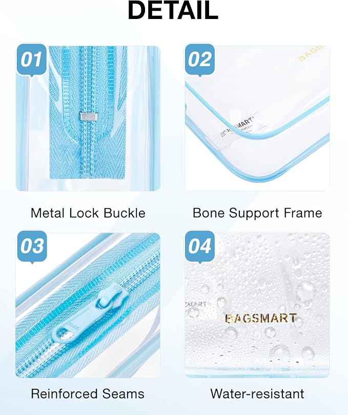 BAGSMART Clear Toiletry Bag 3-Pack TSA Approved Water-Repellent, Blue | Carry on Travel Accessories Bag, Airport Airline Quart Size Bags for Women Men, Makeup Cosmetic Bag