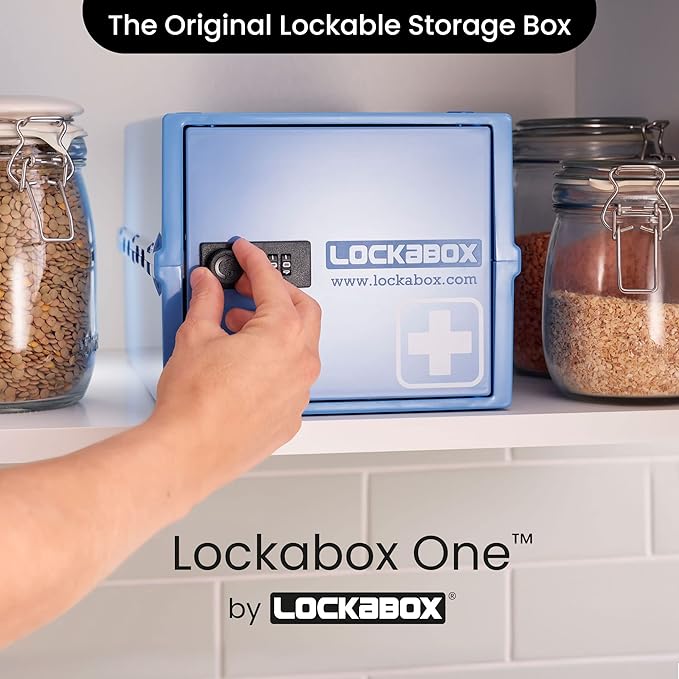Lockabox One™ | Premium Medicine Lock Box | Medium Medication Lock Box With Code For Medicines, Vitamins & Supplements | External Size 12 x 8 x 6.6 inches (Medi Blue)
