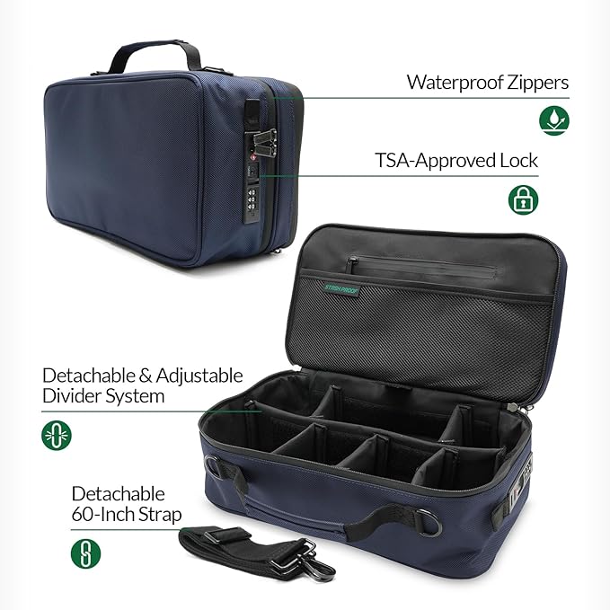 Large Storage Case with TSA Combination Lock Bag, Portable Carbon Lined, XL Medicine Lockable Box for Travel & Home Secured Box Organizer Divider Jars Accessories, Removable Tray (Blue)