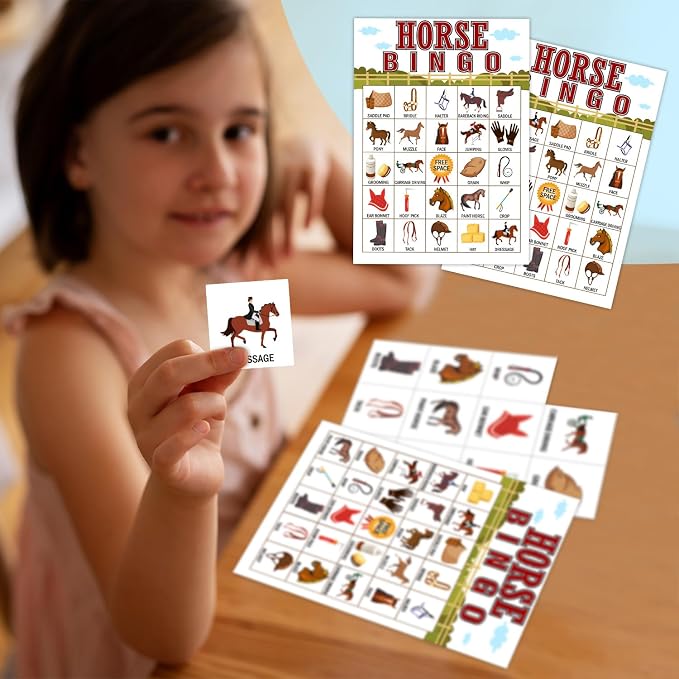 Horse Farm Bingo Cards, 24 Player Pony Party Bingo Game for Family Adult, Cowgirl Cowboy Party Favor, Large Group Party Celebration Activity -05