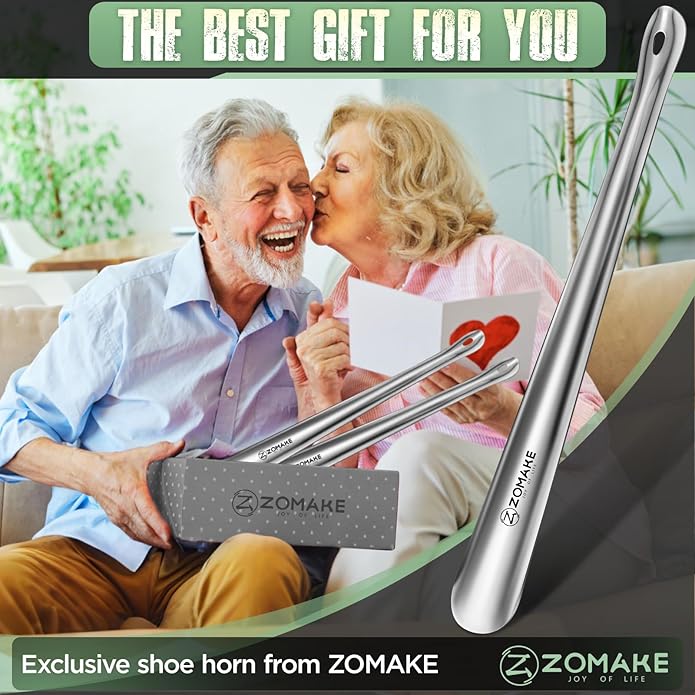 ZOMAKE Metal Shoe Horn Long Handle for Seniors 16.5 Inch,Long Shoehorn Stainless Steel Shoe Spoon Shoe Helper for Men Women