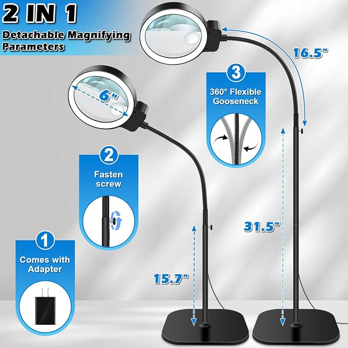 30X 10X Large Floor Magnifying Glass with Light and Stand | 2-in-1 Flexible Gooseneck Floor Magnifying Lamp,72 LED Lights, 3 Color Modes, Close Work,Sewing,Crafts,Hobbies