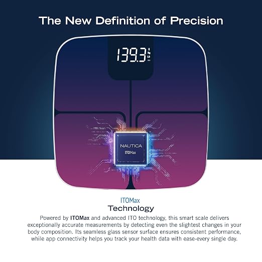 Nautica Body Tracker Digital Bathroom Scale, Bluetooth-Enabled Smart Scale with BMI, Body Fat, Muscle Mass Tracking & More, Syncs with Smartphone App for Body Composition Tracking, 440 Lbs.