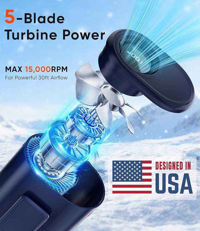 AI Portable Waist Fan, 6-Speed 15,000RPM Strong Turbo Airflow, 30H Cooling Battery Powered Personal Fan Rechargeable, Wearable Hands-Free Shirt/Belt/Body Fan for Travel, Work, Outdoor, Blue