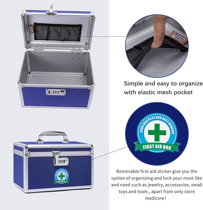 Combination Locking Medication Box with Portable Storage Case, 10.2''x 6.8''x 6.8'', Childproof Medicine Lock Organizer, Lockable Box for Documents & Valuables (Blue/Small)