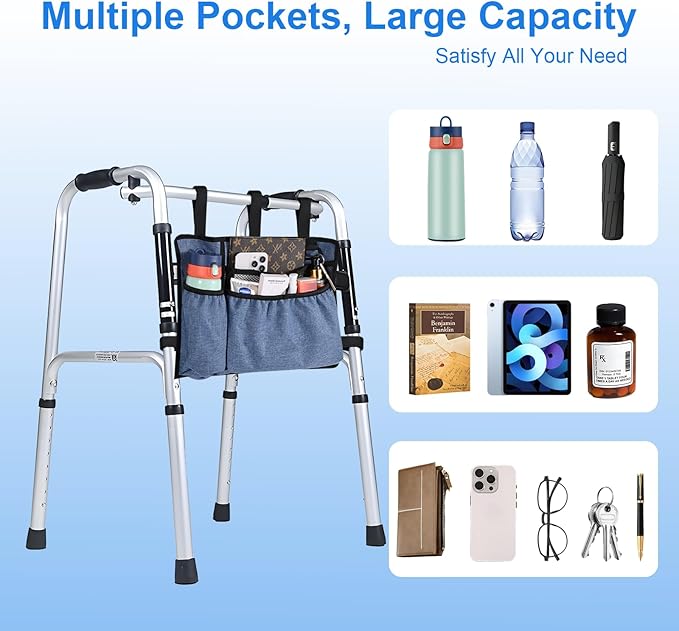 Xlajiao Walker Bag with Cup Holder, Premium Walker Basket for Folding Walker, Foldable Walker Storage Bags for Seniors with Big Capacity & Water Resistant, Blue