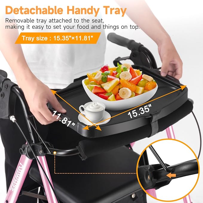 Foldable Rollator Walker for Seniors with Seat,4 Wheel Rolling Walkers | 300lbs walker with tray for Adults & Mobility Impaired|8" Airless Tires|Anti-tip brakes|Adjustable height|Tool-Free Assembly