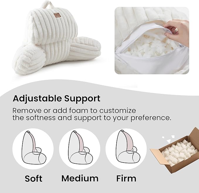 Amélie Home Faux Fur Reading Pillow with Pocket for Sitting in Bed, Kids Backrest Bed Pillow with Washable Cover for Lounging, Study & Relaxing, Ivory 17 inches