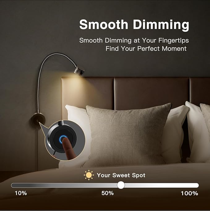 VST Bed Reading Lights for Headboard, Bedside Wall Mounted Reading Lamp, Reading Light Touch to Adjust Brightness with USB/Type-C Charging Ports, ETL-Listed