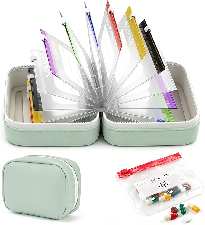 A8 Green Travel Pill Organizer with 14 Reusable Pill Pouches, Waterproof Pill Pouch Set,Large 7 Day Twice-Daily Travel Medicine Case for Purse, Compact Medication Storage Bag