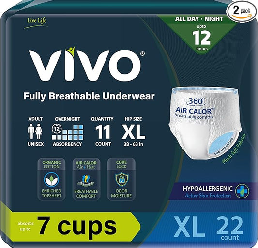 VIVO Organic Cotton Sensitive Skin Overnight Adult Incontinence Pullup Underwear, Women & Men, X-Large 22 Count